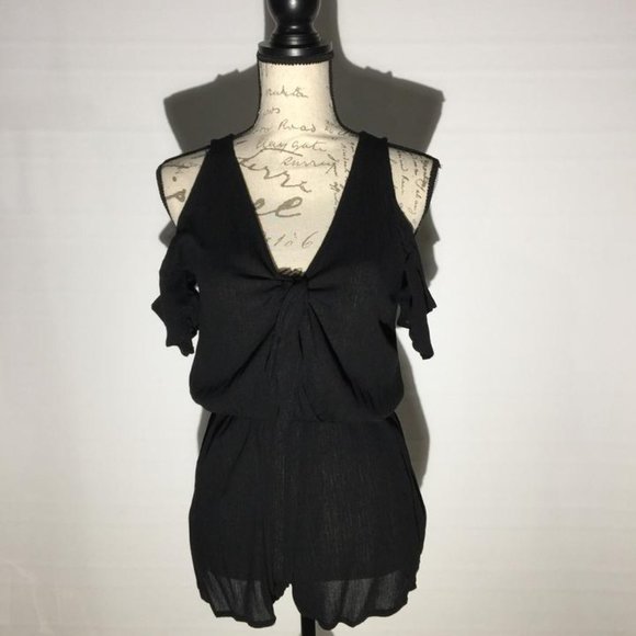 Small NEW Cold Shoulder Black Shorts Romper Jumpsuit Jumper Women Junior - Picture 5 of 8